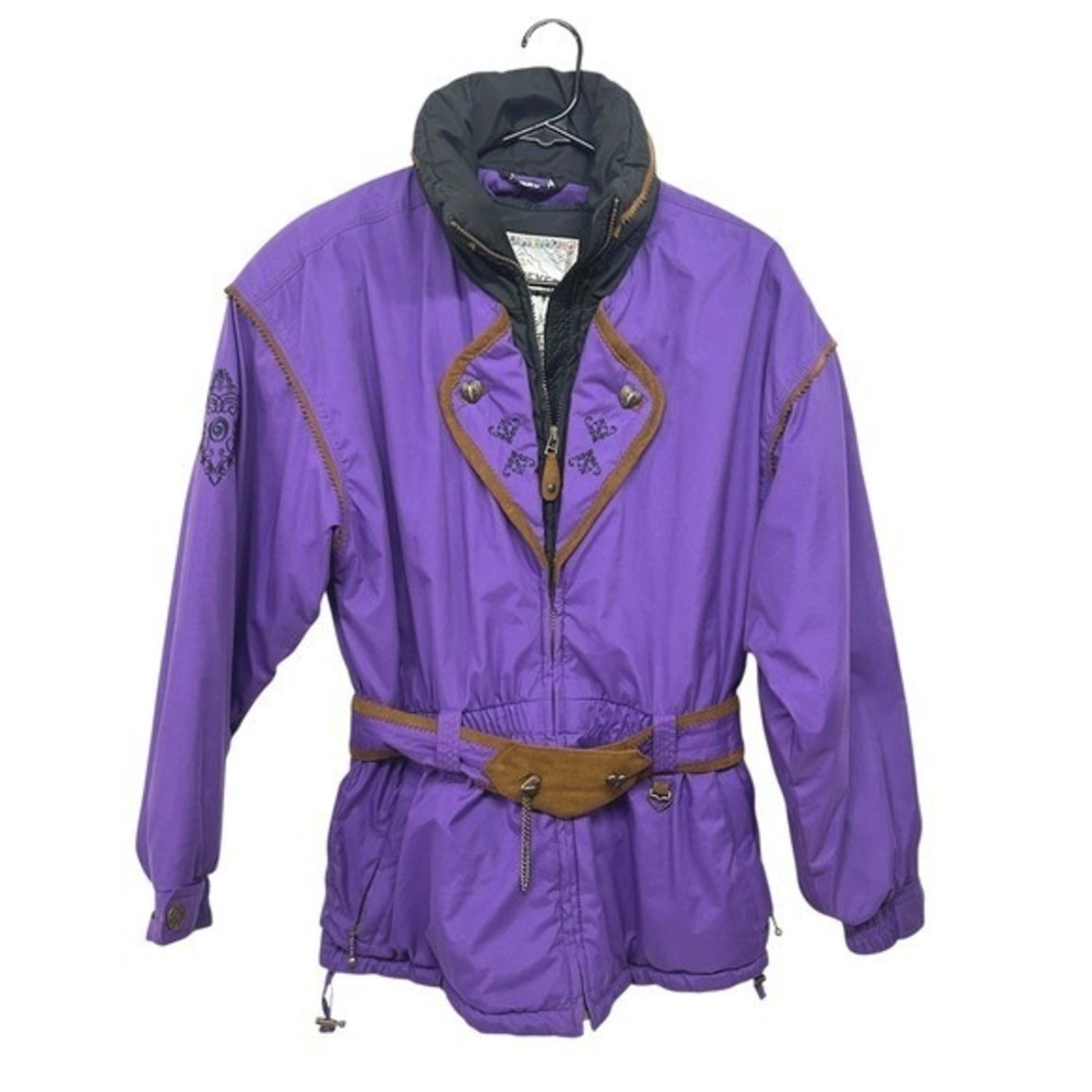 90s Obermeyer Ski Jacket Belted Embroidered Women's 8 Purple Alpine Gorpcore